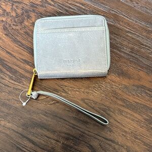 margot metallic silver-gray wristlet wallet with gold zipper